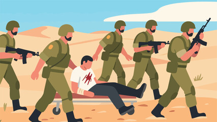 Obraz premium Illustration Of Soldiers Evacuating Wounded Civilians On Stretchers In The Desert Vector Design Template