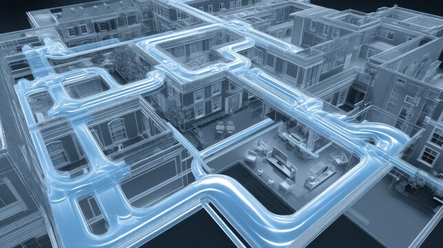 3D architectural blueprint of an intricate building layout featuring multiple rooms and corridors with highlighted pathways in a digital design style.
