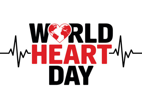 A logo for World Heart Day with a red heart and black text on a white background