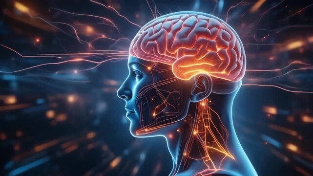 Futuristic depiction of a human head showcasing an illuminated brain and neural network, symbolizing intelligence, artificial intelligence, and technological advancement, suitable for
