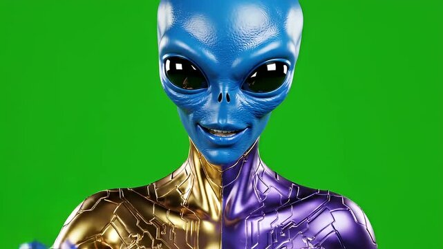 Alien creature with metallic gold and purple body on green screen