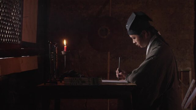Ancient Chinese Scholar Studying by Candlelight at Night，Traditional Chinese Calligraphy and Study in Historical Setting，Contemplative Ancient Chinese Scholar Reading and Writing by Candlelight