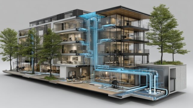 Cutaway illustration of a modern multi-story building showing detailed internal HVAC and plumbing systems alongside surrounding trees.