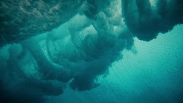 Underwater ocean front view of surfer duck diving below crashing wave in slow motion with sunlight filtering through blue water column