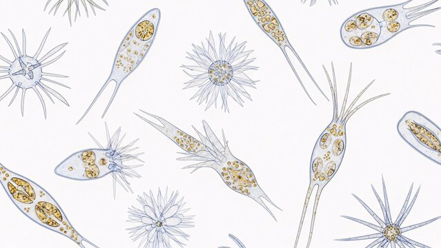 Microscopic view of various aquatic microorganisms including protozoa and plankton showcasing diversity in marine microscopic life for scientific research and educational purposes