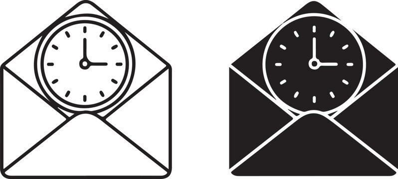 Email clock vector icon represents message time delivery, business communication, and deadline management with classic analog clock face inside envelope graphic