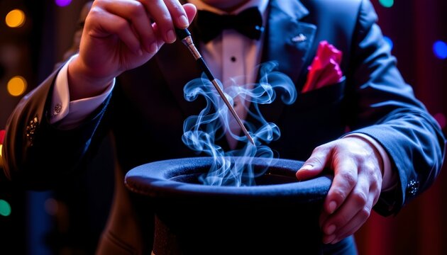 Magician Performing Hat Trick with Sparkles and Vibrant Lights