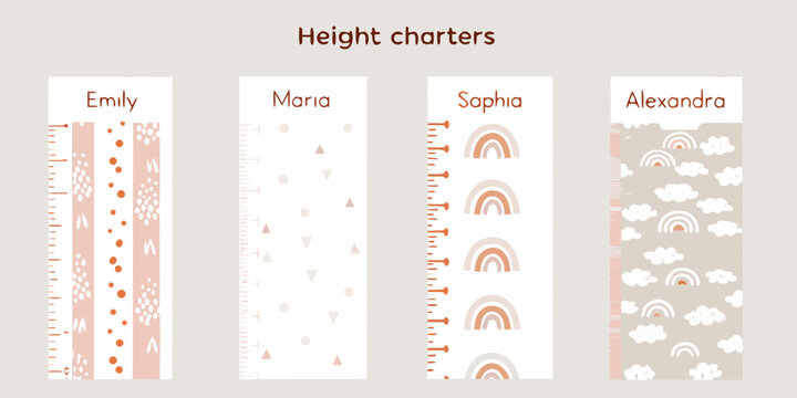 Four height charts displaying names and colorful decorative patterns