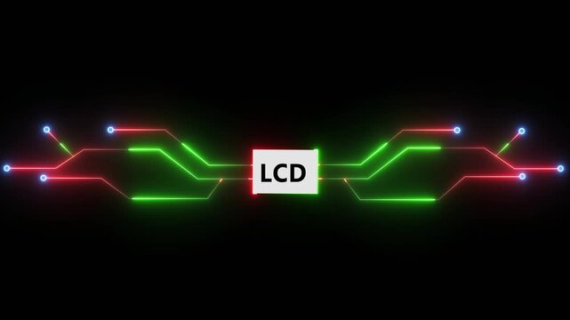 Display technology system with glowing circuit lines showing LCD interface and digital screen connection on dark background 4k visuals