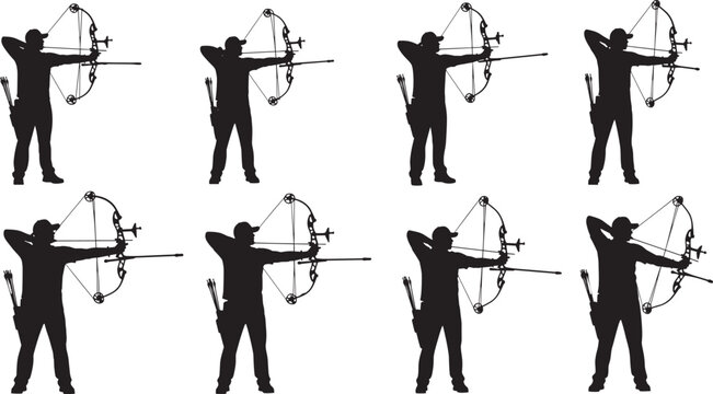 Black silhouette set of professional archers with compound bows aiming arrows, collection of sportsman figures in archery positions isolated on white background.