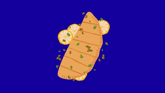 Dori fish cutlet cartoon animation on blue screen 