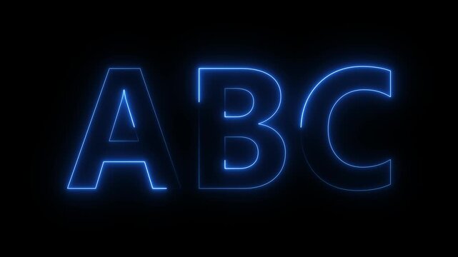 Neon glowing ABC alphabet letters in blue light outline style forming typography set design in clean digital layout on dark background 4k visuals