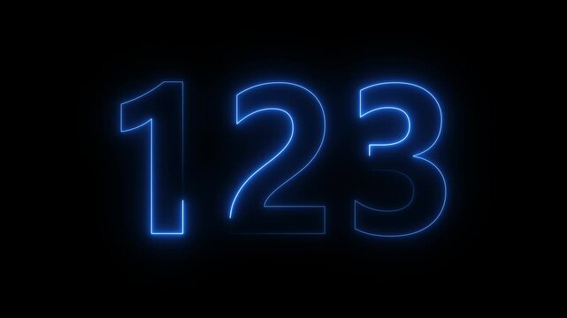 Glowing neon numbers 123 with blue luminous outline representing numeric typography set in modern digital style on dark background transparent background 4k visuals