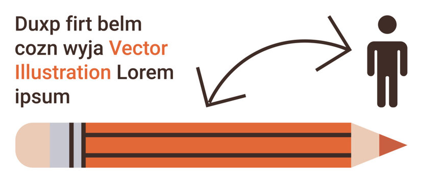Education, creativity, conceptual ideas, design, communication, object focus. A large pencil with an arrow pointing to a person icon and random placeholder text. Education and creativity concept