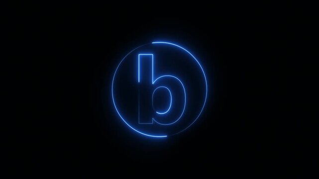Blue neon lowercase letter b with glowing circular outline forming clean alphabet typography character in modern digital style on dark background 4K black background visuals