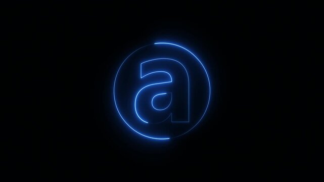 Neon glowing lowercase letter a with blue light outline in minimal typography style representing alphabet character in digital design on dark background 4k visuals