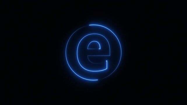 Blue neon lowercase letter e with glowing circular outline forming modern alphabet typography character in clean digital style on dark background 4k visuals