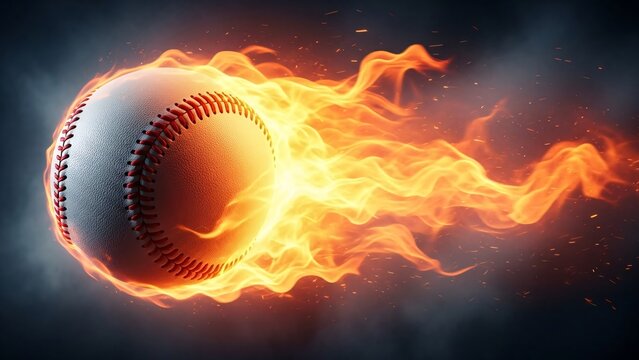Dynamic baseball with fiery flames streaking through the air creating an intense action scene perfect for sports advertising and energetic promotional content