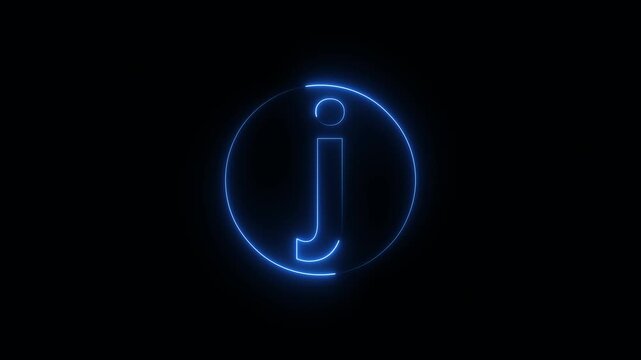Blue neon lowercase letter j with glowing circular light frame in minimal typography style representing alphabet character on dark background transparent background 4k visuals