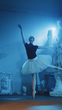 Young talented woman dancing in darkness, ballerina in museum, female silhouette . Attractive slender female dancer performing classical choreography, unusual rehearsal hall in old museum, ghost dance