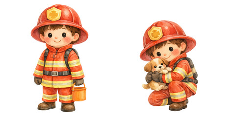 Fototapeta premium A watercolor collection of firefighter boy characters featuring cute child firefighter in red uniform, helmet, rescue gear, holding bucket and hugging puppy isolated on white background.