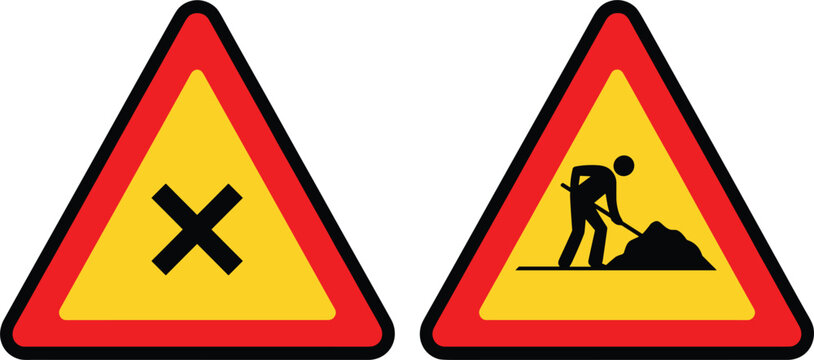 Yellow triangular warning signs for road works and crossroads with red borders