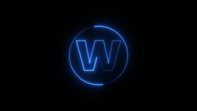 Neon glowing lowercase letter w with blue circular light outline in modern typography style representing alphabet character on dark background transparent background 4k visuals