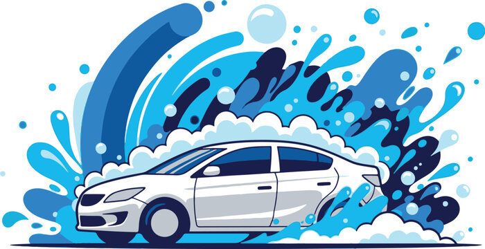 Dynamic vector illustration of a white sedan being washed with powerful water splashes and soap suds, perfect for automotive services and detailing branding.