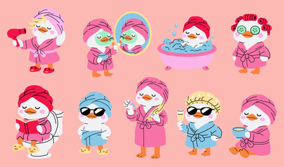 Adorable Duck Wellness Activities Cartoon Collection © Dmytro