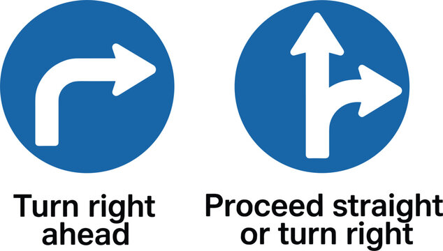 Blue circular mandatory road signs for turn right ahead and proceed straight