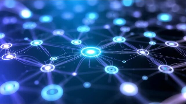 Abstract glowing network of connected nodes in digital style on dark background, concept of communication and data flow