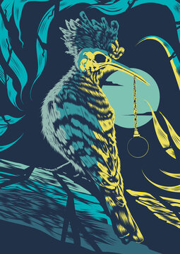 Surreal Bird Illustration with Key and Moon in Screen Print Style