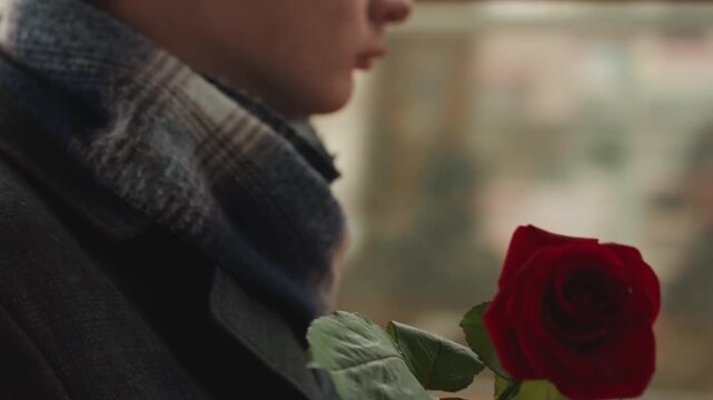 Intimate floral gesture. Closeup of rose and creator in city travel scene with gentle motion. An intimate scene showcasing creator with red rose amidst city commute and soft background blur