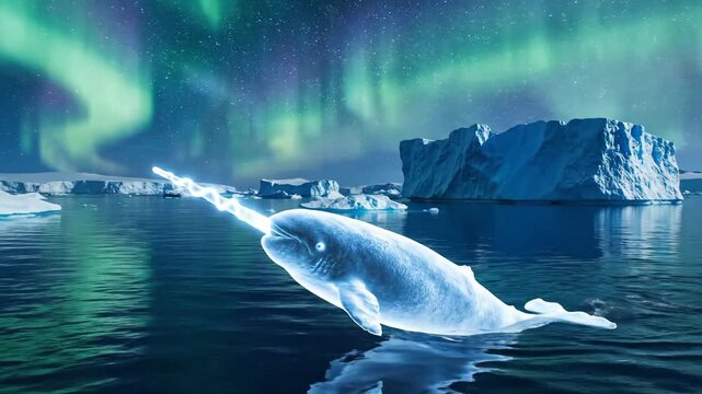 A Glowing Narwhal Surfacing Beneath the Aurora Borealis