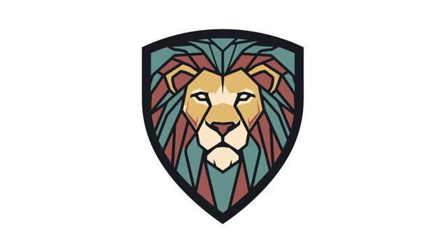 Stylized lion's face on a shield, geometric shapes, rich color palette