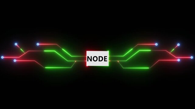 NODE file format icon with glowing red and green circuit lines representing digital network connection and system data processing on dark background 4k animation video