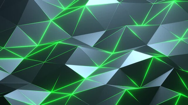 Abstract geometric pattern shifts subtly, glowing with neon green lines