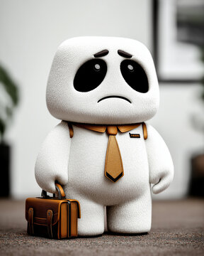 Sad Cube: a forlorn cube-shaped figure, clutching a briefcase and bearing a downtrodden expression, standing in a stark room, portraying the weight of responsibilities and melancholic solitude.