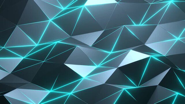 Triangular facets shift in cool, electric blue glow