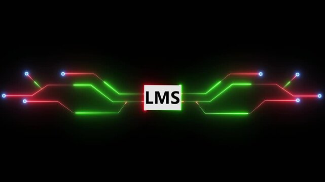 LMS file format icon with glowing red and green circuit lines representing learning management system data and digital platform interface on dark background 4K black background visuals