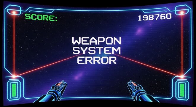 Game screen showing weapon system error with score computer interface technology shooting cyberpunk.