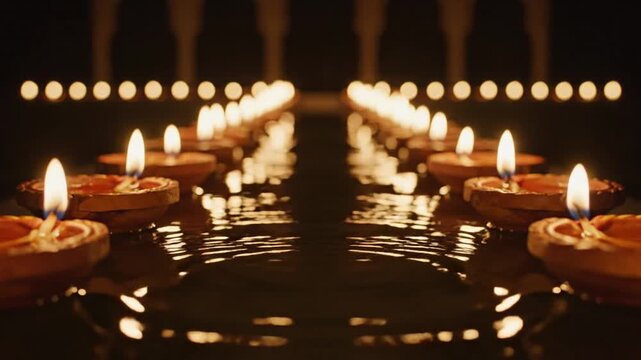 Traditional diya oil lamps burning in rows at night 4K Video