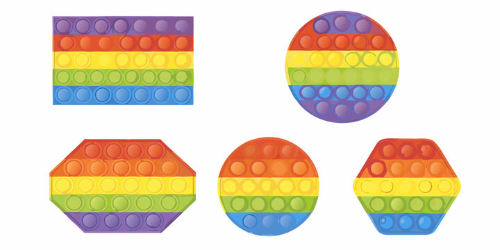 Colorful pop it fidget toys in various shapes are displayed