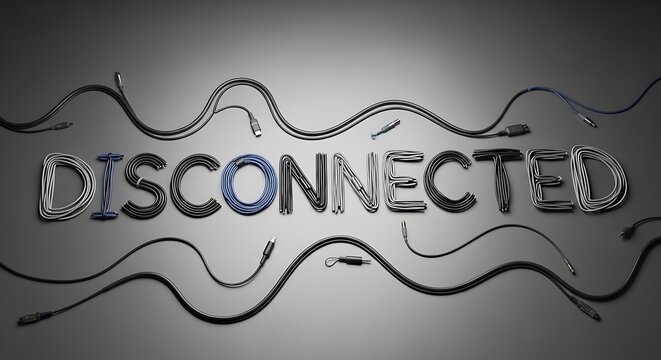 Disconnected concept text art with wires and cables disconnected connection internet technology communication.