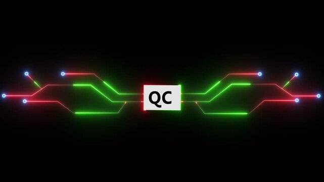 Quality control QC technology system with glowing circuit lines showing digital inspection process and monitoring interface on dark background transparent background 4k visuals