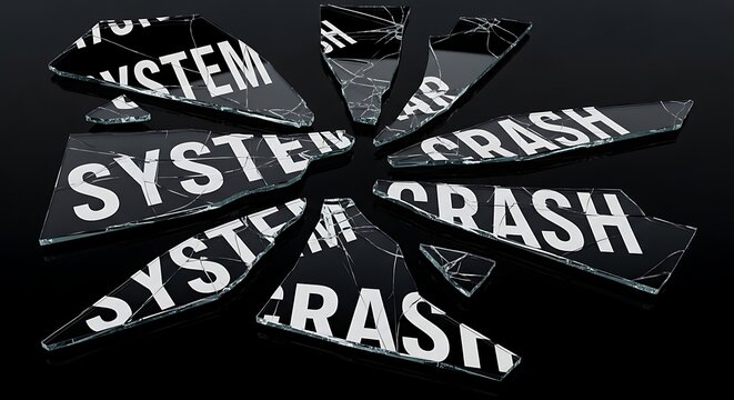 Shattered shards of glass with 'system crash' text visible shattered fragmented computer technology disaster.