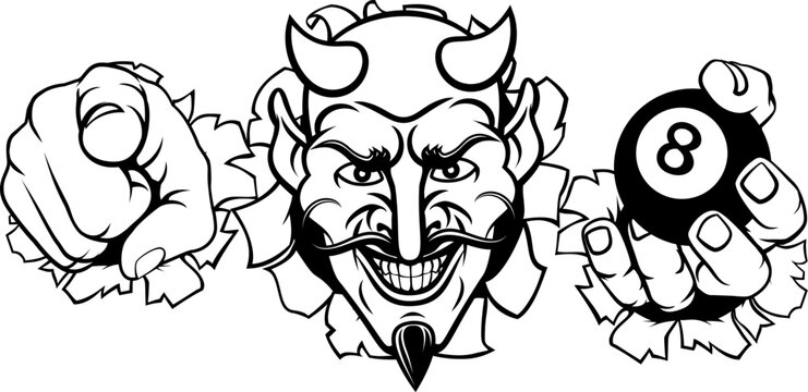 A devil man holding billiards pool 8 black ball, breaking through the background and pointing sports team mascot illustration.