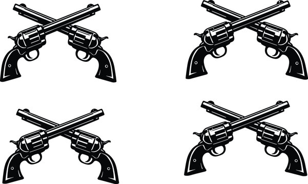 Crossed revolver pistols vintage style silhouettes isolated on white background representing western cowboy weapon symbol retro emblem design for badges logos and graphic illustration