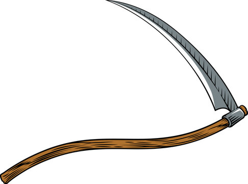 Scythe vintage harvesting farming or grim reaper hand tool. Illustration drawing in a vintage woodcut engraving style.