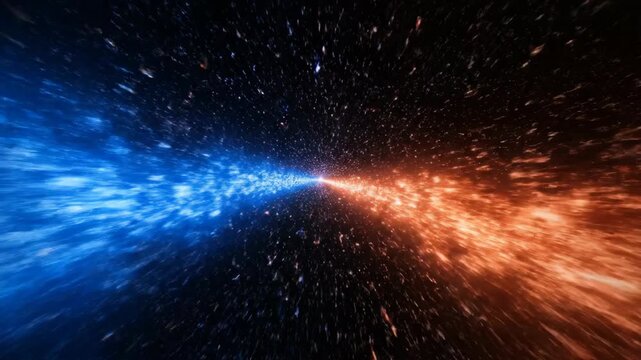 Abstract space travel, speed of light with blue and orange particle trails.